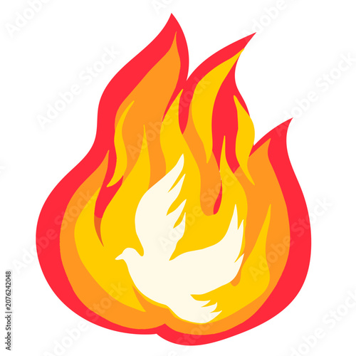 Pentecost Sunday Banner. A white dove amidst flames of fire, a symbol of the Holy Spirit in Christianity.
