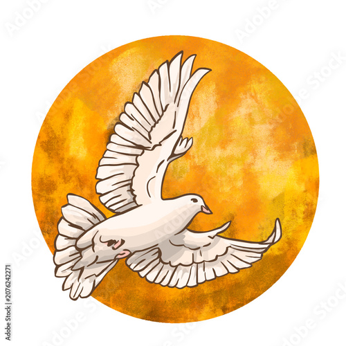Pentecost Sunday. A white dove amidst flames of fire, a symbol of the Holy Spirit in Christianity.