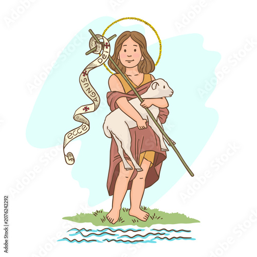 Saint John Baptist carrying a lamb and holding a cross in his hand.