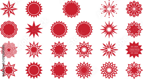 Fotografía Collection of red starburst and rosette shapes on white background for design el