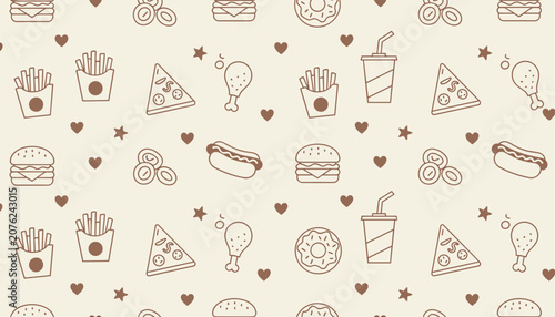 Fast food seamless pattern in a minimal brown outline style featuring burgers, fries, pizza, and hot dogs.
