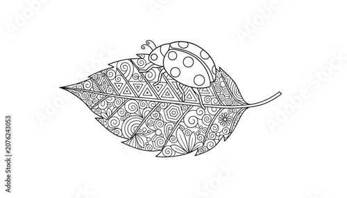 Ladybug sitting on a large leaf filled with detailed geometric scroll patterns for relaxing coloring.