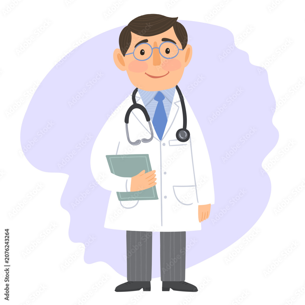 Fototapeta premium A doctor with a gown, stethoscope and a notebook in his hand.