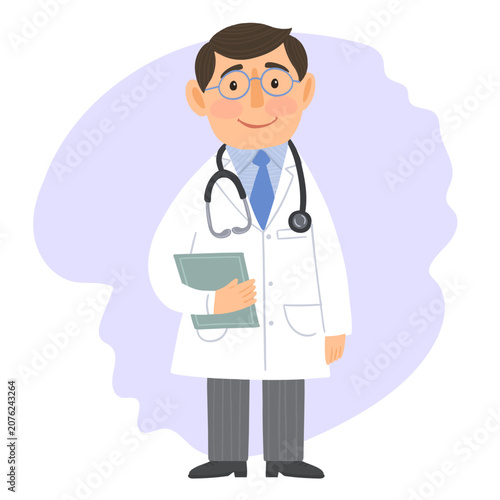 A doctor with a gown, stethoscope and a notebook in his hand.