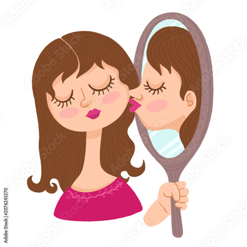 Young woman holding a hand mirror and looking at her own reflection. Self-esteem concept
