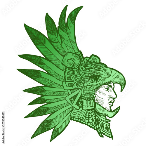Aztec elite warrior wearing an eagle helmet with long feathers.