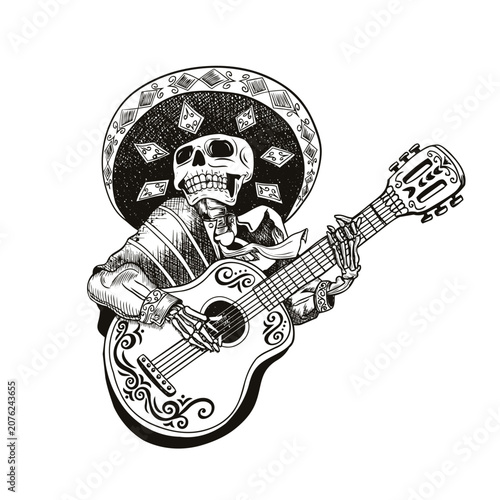 A skeleton dressed as a mariachi, wearing a sombrero and holding a guitar, singing a song.