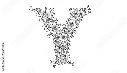 Detailed adult coloring page of letter Y beautifully decorated with intricate flowers, leaves, and swirls.