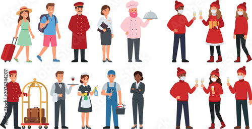 Canvastavla Hospitality Hotel Service Workers Character Vector Set with Bellboy, Maid, Chef,