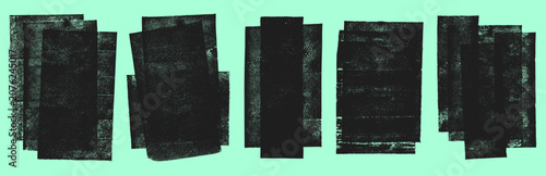 Grunge textures set. Linocut relief printing rectangle rough textured distressed aged shapes collection. Uneven geometric edge backgrounds text frames. Paint roller stains, lino ink grungy remains