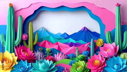 Paper cut background frame with colorful desert landscape mountains and succulents