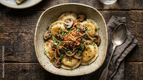 A bowl of homemade dumplings with mushrooms, caramelized onions, and crunchy fried shallots.