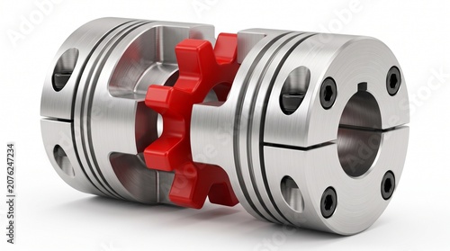 Industrial jaw coupling isolated on a white background with realistic machined aluminum and elastomer textures.