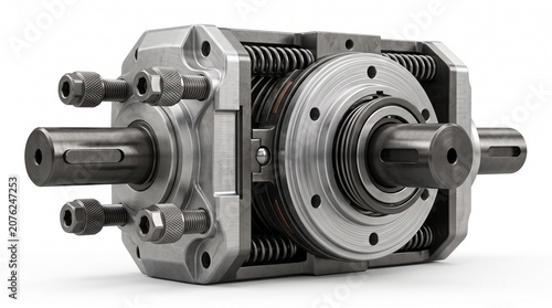 Industrial torque limiter isolated on a white background with realistic machined metal texture and studio lighting.