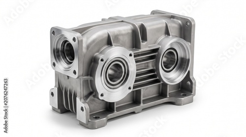 Industrial gearbox housing isolated on a white background with realistic cast aluminum texture and studio lighting. Ideal for mechanical engineering and manufacturing concepts.