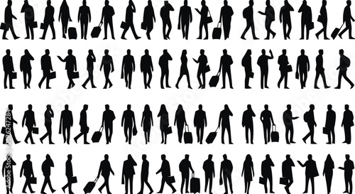Bild auf Leinwand People walking silhouette set for business travel crowd commuters luggage bags a