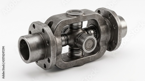 Industrial universal joint isolated on a white background with realistic forged steel texture and studio lighting.