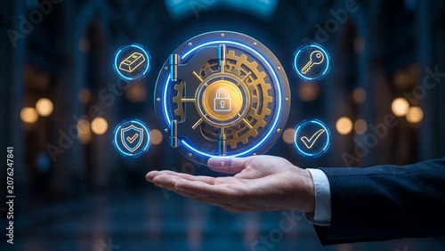 Businessman hand holding glowing bank vault with padlock gold key and shield icons showing secure asset protection financial security wealth safekeeping and digital banking technology service concept
