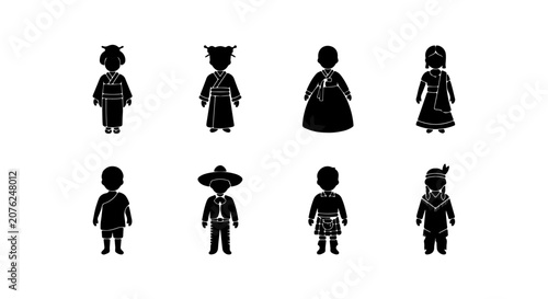 Foto Diverse Cultural Attire Silhouettes, Global Traditional Clothing Vector Icons, P