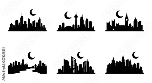 Quadro su tela Cityscape Silhouettes Collection, Night Sky Icons, Urban Skyline Vector Graphics