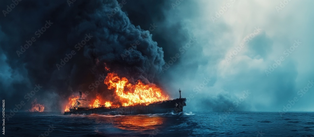 Fototapeta premium A burning ship on the ocean, surrounded by thick smoke and flames. The scene captures a dramatic maritime disaster with dark clouds overhead.