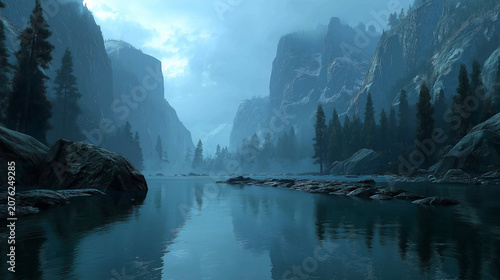 Misty Mountain Lake: A serene lake reflects majestic, mist-shrouded mountains and pine trees, evoking a sense of tranquil solitude and natural grandeur.