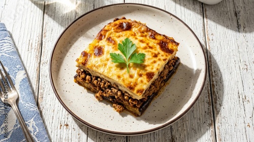 A delicious portion of traditional Greek moussaka with eggplant and meat sauce on a rustic white wood surface.