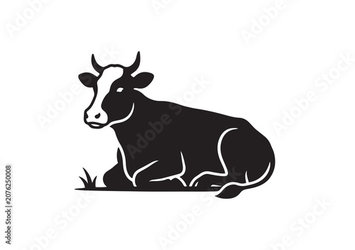 Lying cow silhouette vector illustration resting in the grass with silhouette