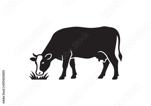 Grazing cow silhouette vector graphic eating grass on white background