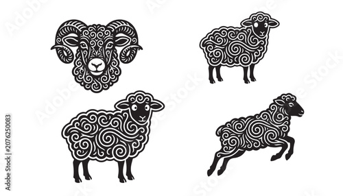 Set of decorative sheep and ram silhouettes with intricate swirl patterns