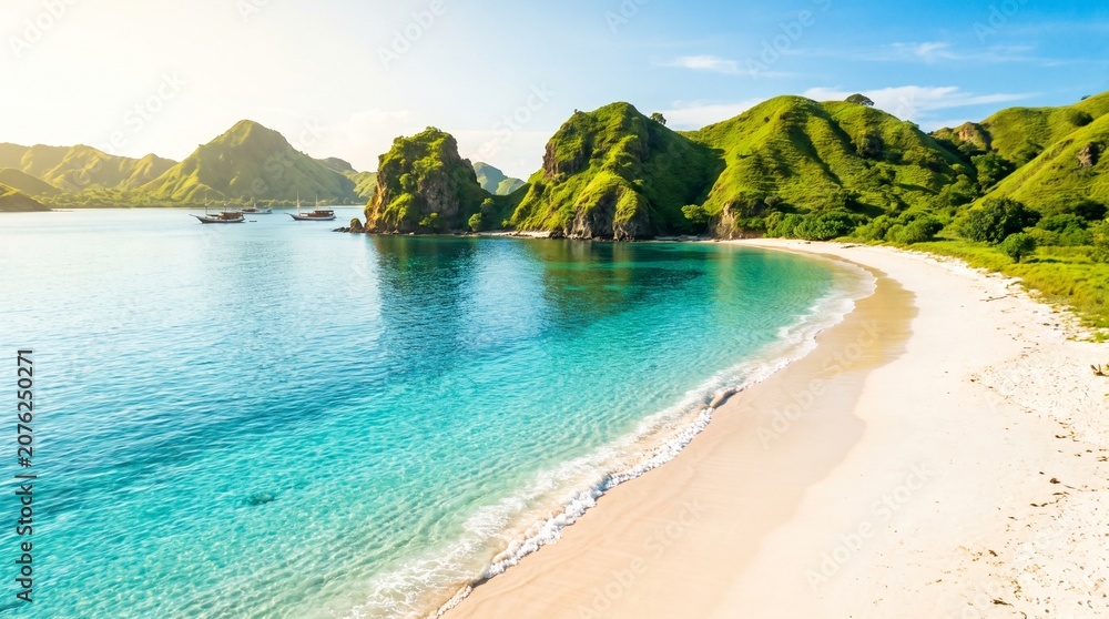 Obraz premium sunlit, cliffs, turquoise, waters, coastal, peaks, sharply, landscape, beautiful, island, mountain, sea, summer, indonesia, view, blue, scenic, bay, beach, sky, background, ocean, tourism, holiday, va