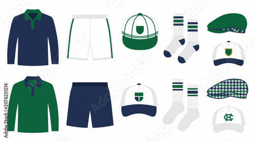 Sports apparel set including polo shirts, shorts, and caps.