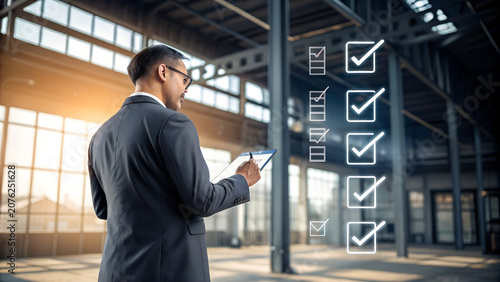 Professional Businessman in Modern Industrial Office Reviewing Portfolio Report