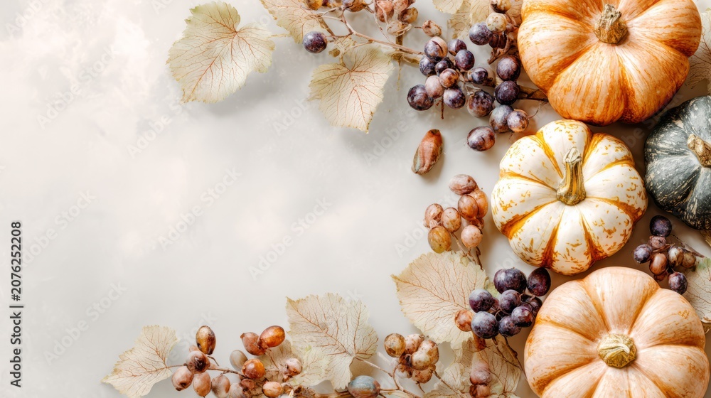 Obraz premium Autumn pumpkins, grapes, leaves creating seasonal background, copy space