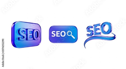 Three 3D rendered blue gradient SEO icons and text isolated on white background for marketing and advertising