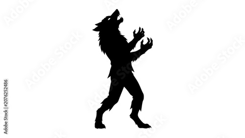 Foto Howling Silhouette: A striking black silhouette of a werewolf mid-howl, with arms raised in a primal display of power and transformation, evoking a sense of mystery and the supernatural