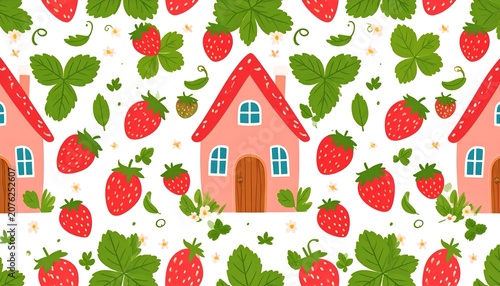 Seamless pattern with cute houses and strawberries. Vector illustration, Seamless pattern with cute house and strawberry. Vector illustration.