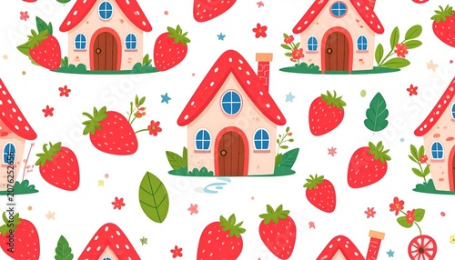 Seamless pattern with cute houses and strawberries. Vector illustration, Seamless pattern with cute house and strawberry. Vector illustration.