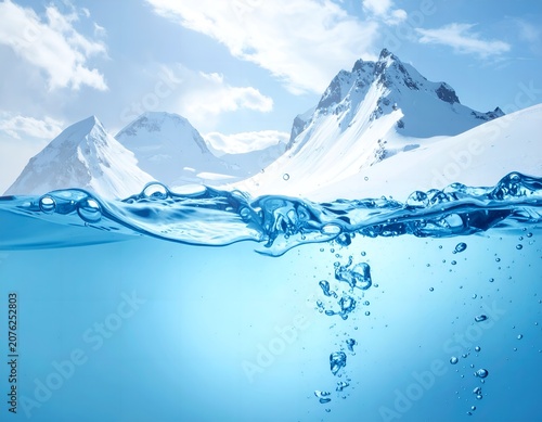 Blue water with ice and snow mountain in the background. Conceptual image