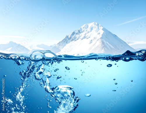 Blue water with ice and snow mountain in the background. Conceptual image