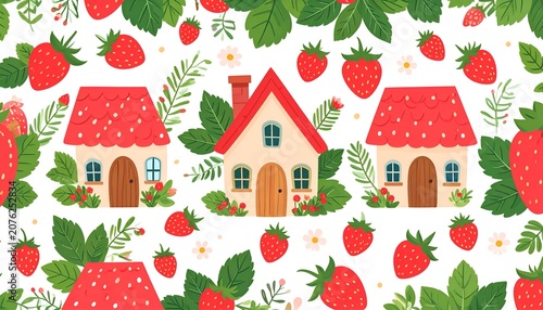 Seamless pattern with cute houses and strawberries. Vector illustration, Seamless pattern with cute house and strawberry. Vector illustration.