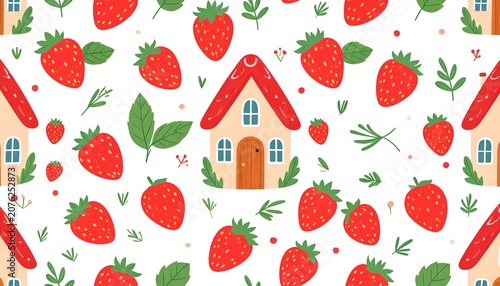 Seamless pattern with cute houses and strawberries. Vector illustration, Seamless pattern with cute house and strawberry. Vector illustration.