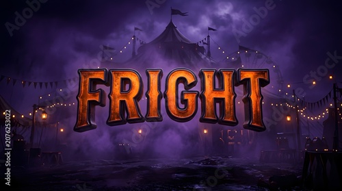 Horror circus tent background with glowing orange fright text in a dark, foggy, and mysterious atmosphere for halloween event posters