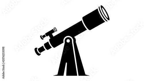 Bilde på lerret Telescope Illustration: A bold, minimalist black silhouette of a telescope on a sturdy stand, ready to explore the cosmos and uncover celestial wonders