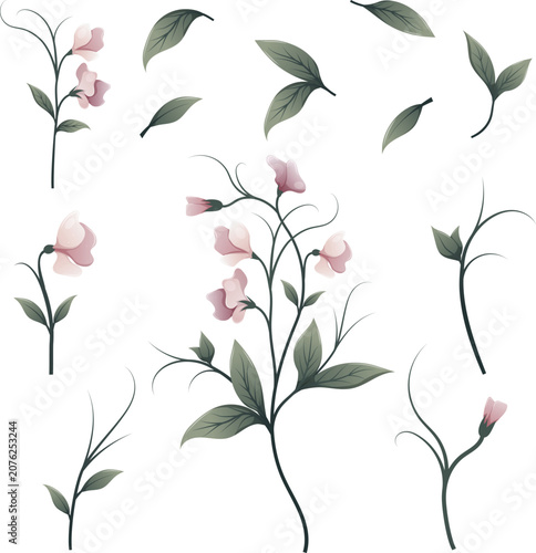 Watercolor Style Pink Floral Clipart Set, Delicate Botanical Branch, Twigs and Leaves for Wedding Invitation Design