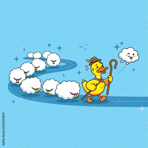 Fényképezés Cute duck shepherd herding fluffy cloud sheep on a winding path vector illustrat