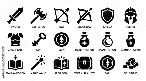 Konstfotografi Fantasy rpg game item icons featuring sword battle axe bow crossbow shield helmet chestplate key coin health mana stamina potion magic wand spellbook and gold bars set