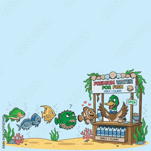 Funny cartoon duck selling premium water to fish underwater illustration