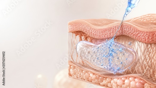 3D illustration of skin layers with injection delivering solution into tissue for treatment