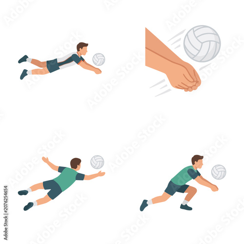 Volleyball player illustrations in dynamic action poses.
